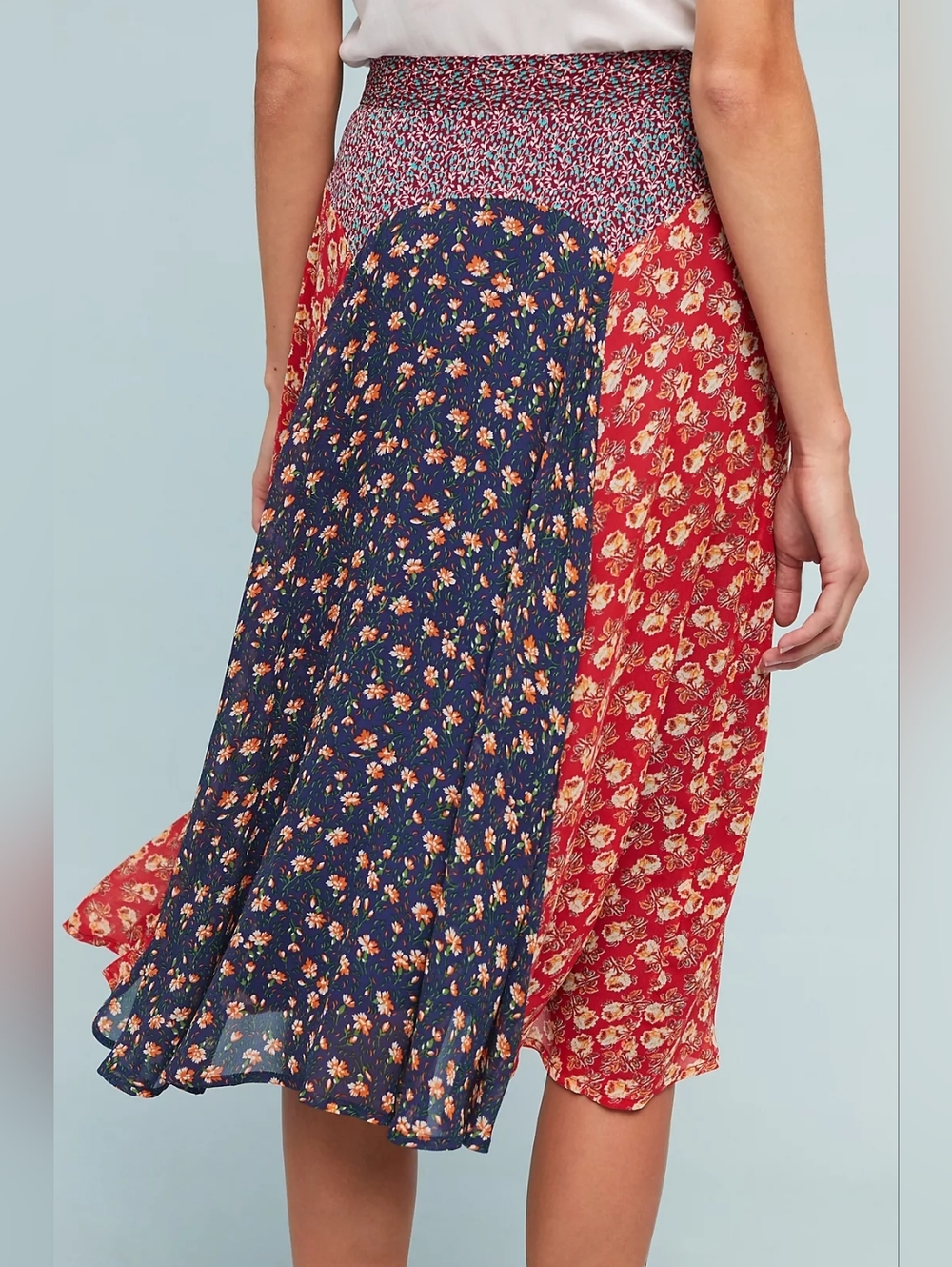 Anthropologie Red and Navy Mixed Floral Midi Skirt Size S - Picture 2 of 12